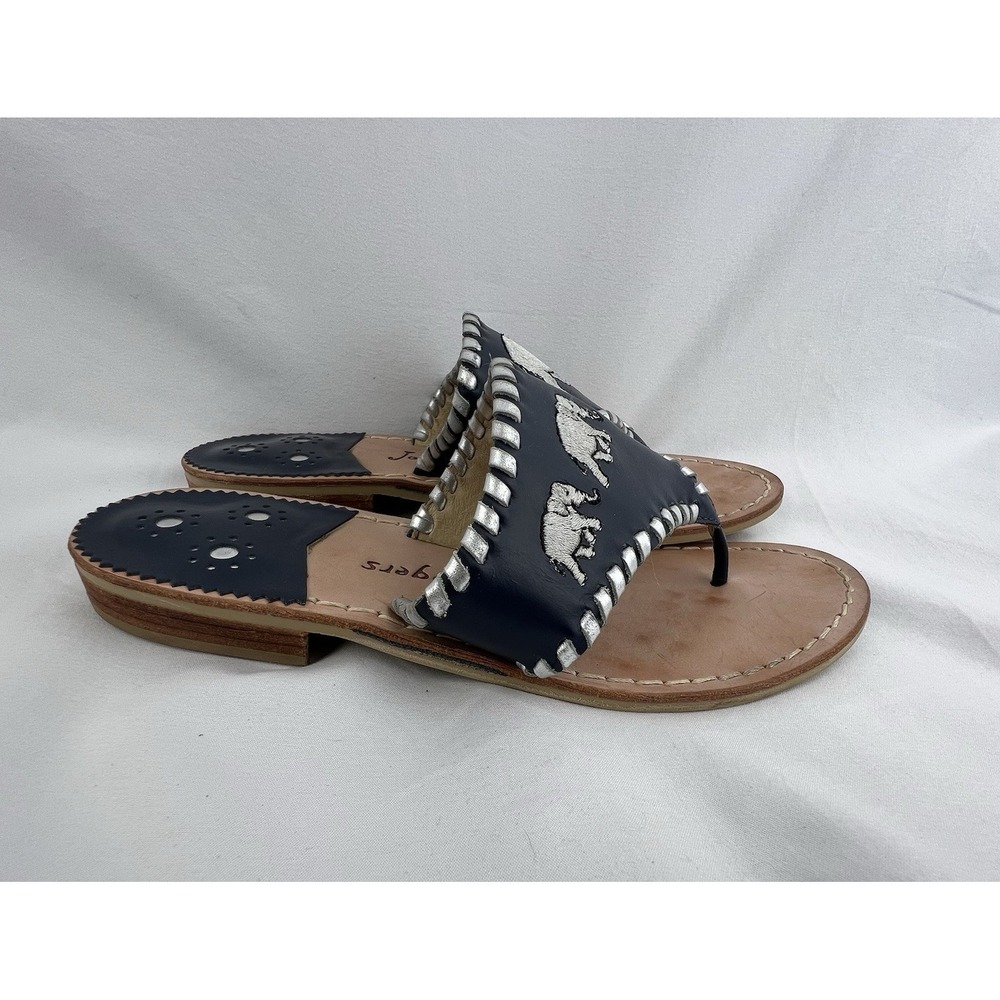 JACK ROGERS 1960 Elephant Sandals Navy Silver Leather Whipstitch Thong Sz 7M